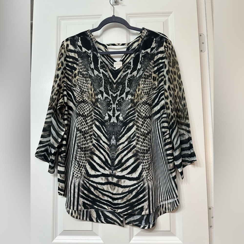 Like New Chico’s Size XL (3) Animal sprint Blouse, Black/Tan/White/Gray